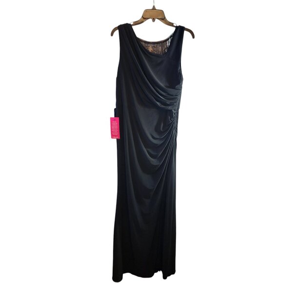 ADRIANNA PAPELL BLACK SEQUIN JERSEY DRESS SIZE 16 FRONT RUCHING SIDE SLIT NWT - Picture 1 of 11